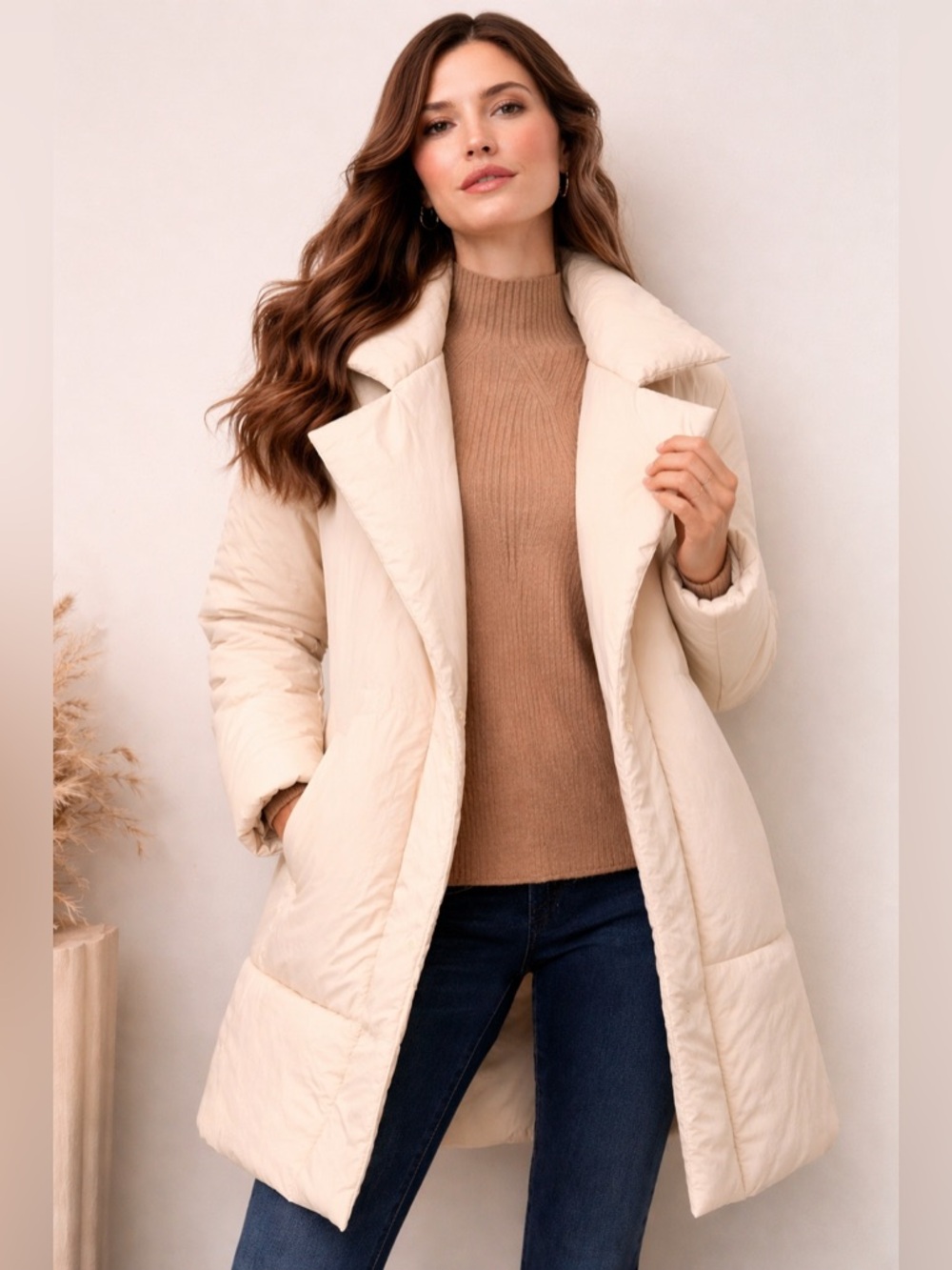 a new day™ Pale Pink/ Cream Belted Puffer Rain Jacket — XS